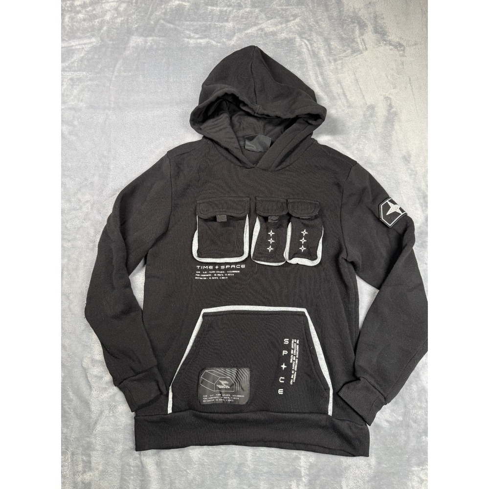 Time & Space Hoodie Boys L 14-16 Black Techwear Utility Pocket Space Graphic